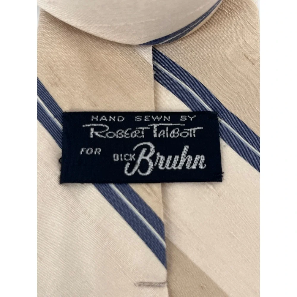 Robert Talbott Dick Bruhn Mens Silk Tie Beige Navy Blue Striped Hand Sewn USA